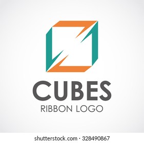 Cube line of square ribbon abstract vector and logo design or template group business icon of company identity symbol concept