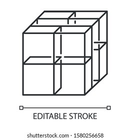 Cube linear icon. Geometric gridded figure. Graphic abstract shape. Polygonal element. Complex isometric form. Thin line illustration. Contour symbol. Vector isolated outline drawing. Editable stroke