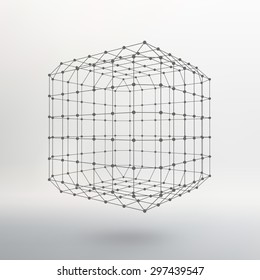 Cube of lines and dots. Cube of the lines connected to points. Molecular lattice. The structural grid of polygons. White background. The facility is located on a white studio background.