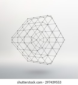 Cube of lines and dots. Cube of the lines connected to points. Molecular lattice. The structural grid of polygons. White background. The facility is located on a white studio background.