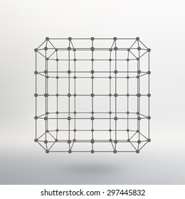 Cube of lines and dots. Cube of the lines connected to points. Molecular lattice. The structural grid of polygons. White background. The facility is located on a white studio background.
