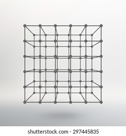 Cube of lines and dots. Cube of the lines connected to points. Molecular lattice. The structural grid of polygons. White background. The facility is located on a white studio background.