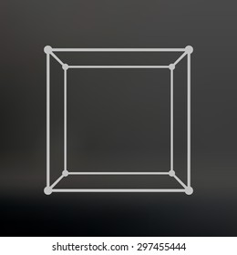 Cube of lines and dots. Cube of the lines connected to points. Molecular lattice. The structural grid of polygons. Black background. The facility is located on a black studio background.