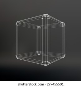 Cube of lines and dots. Cube of the lines connected to points. Molecular lattice. The structural grid of polygons. Black background. The facility is located on a black studio background.
