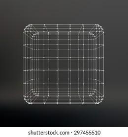 Cube of lines and dots. Cube of the lines connected to points. Molecular lattice. The structural grid of polygons. Black background. The facility is located on a black studio background.