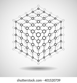 Cube of lines and dots, molecular lattice, geometric shape, network connection, vector illustration