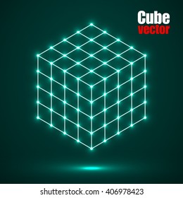 Cube of lines and dots, molecular lattice, geometric shape, network connection, vector illustration