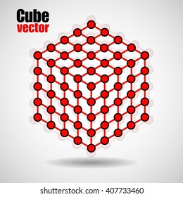 Cube of lines and dots, molecular lattice, geometric shape, network connection, vector illustration