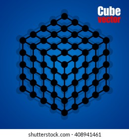 Cube of lines and dots, molecular lattice, geometric shape, network connection, vector illustration