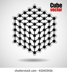 Cube of lines and dots, molecular lattice, geometric shape, network connection, vector illustration