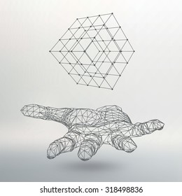 Cube of lines and dots on the arm. The hand holding cube of the lines connected to points. Molecular lattice. The structural grid of polygons. White background. The facility is located on a white