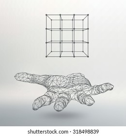 Cube of lines and dots on the arm. The hand holding a cube of the lines connected to points. The shadow of The objects in the background