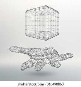 Cube of lines and dots on the arm. The hand holding a cube of the lines connected to points. The shadow of The objects in the background