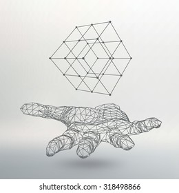 Cube of lines and dots on the arm. The hand holding cube of the lines connected to points. Molecular lattice. The structural grid of polygons. White background. The facility is located on a white