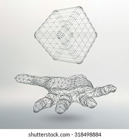 Cube of lines and dots on the arm. The hand holding cube of the lines connected to points. Molecular lattice. The structural grid of polygons. White background. The facility is located on a white