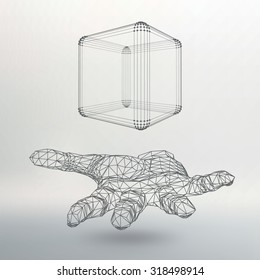 Cube of lines and dots on the arm. The hand holding a cube of the lines connected to points. The shadow of The objects in the background