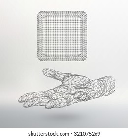 Cube of lines and dots on the arm. The hand holding cube of the lines connected to points. Molecular lattice. The structural grid of polygons. White background. The facility is located on a white