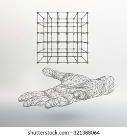 Cube of lines and dots on the arm. The hand holding cube of the lines connected to points. Molecular lattice. The structural grid of polygons. White background. The facility is located on a white