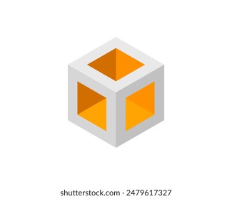 Cube logo, geometric vector design. Box logotype company, trendy tech emblem in pixel style.