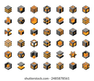 Cube logo, geometric vector design. Box logotype company, trendy tech emblem in pixel style.