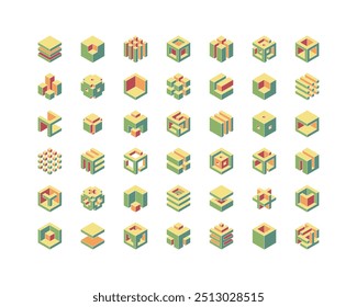 Cube logo, geometric vector design. Set box logotype company, trendy techno emblem in isometric 3D style.