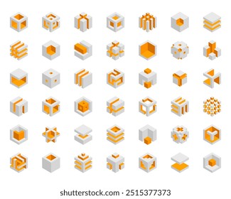 Logotipo do cubo, design vetorial geométrico. Empresa de logotipos de caixa, emblema de tecnologia moderno em estilo pixel.