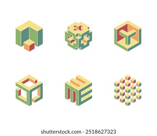 Cube logo, geometric vector design. Set box logotype company, trendy techno emblem in isometric 3D style.