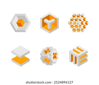 Logotipo do cubo, design vetorial geométrico. Empresa de logotipos de caixa, emblema de tecnologia moderno em estilo pixel.