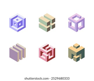 Cube logo, geometric vector design. Set box logotype company, trendy techno emblem in isometric 3D style.