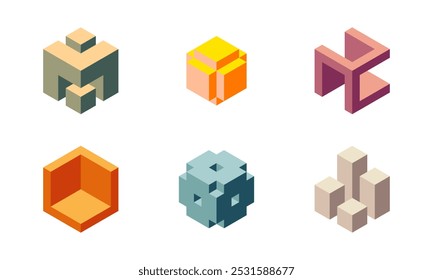 Logotipo del cubo, diseño geométrico del Vector. Empresa de logotipos de caja, emblema techno de moda en estilo 3D isométrico.