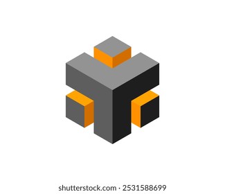 Cube logo, geometric vector design. Box logotype company, trendy tech emblem in pixel style.