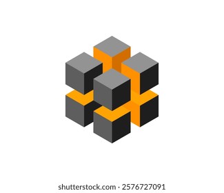Cube logo, geometric vector design. Box logotype company, trendy tech emblem in pixel style.