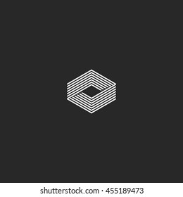 Cube logo isometric, infinity geometric shape illusion, hipster monogram infinite thin line innovation tech business card emblem.