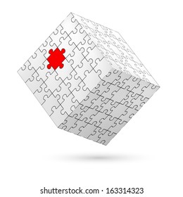 Cube made of white puzzle elements with one red piece. Illustration on white background.  