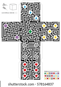 Cube with maze, template of a cubic labyrinth. Print on heavy paper, cut it out, make a 3d dice and find the way trough it from the cloverleaf to the 6th heart. Solution of the passed icons downright.