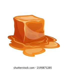 cube melted caramel cartoon. toffee sauce, melted flow, candy syrup, food liquid cube melted caramel vector illustration