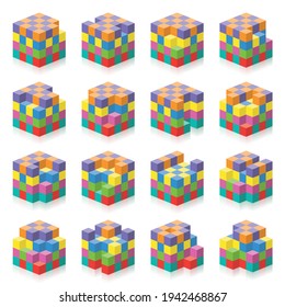 Cube with missing cubes from 1 to 16. Three-dimensional spatial perception exercise. Colorful game to count gaps, holes, blanks. Isolated vector illustration on white background.
