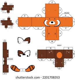cube mockup red panda character cartoon illustration, cube craft design in vector format