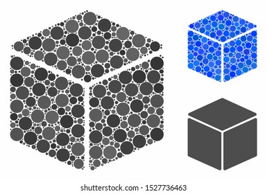 Cube mosaic of filled circles in different sizes and color tinges, based on cube icon. Vector small circles are united into blue mosaic. Dotted cube icon in usual and blue versions.