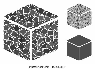 Cube mosaic of unequal elements in various sizes and color tinges, based on cube icon. Vector humpy elements are united into collage. Cube icons collage with dotted pattern.