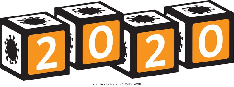 cube number 2020 in black, white and yellow with covid-19 illustration