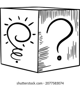 A cube on the sides of which questions are drawn sketch vector illustration hand draw
