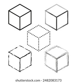 Cube outline icons. Geometric 3D shapes. Various line styles. Minimalist vector set.