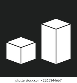 Pictograma de cubo y paralelepípedo. Vista isométrica de las formas 3D. Silueta blanca vectorial, aislada sobre fondo negro.