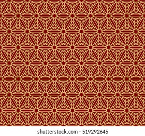 cube pattern. Optical illusion. Seamless geometry design. gold on red. Vector illustration.