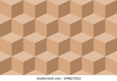 Cube pattern. Three dimensional wooden cubes, seamless parquetry textured background. Vector illustration.
