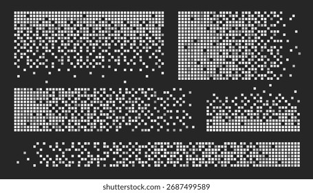 Cube pixel pattern set with white geometric dispersal effects, digital dissolution and data fragmentation for tech designs. Matrix grid backgrounds with scattered blocks. Glitch art transitions