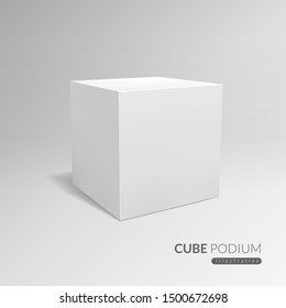 Cube podium. 3d cube pedestal, white blank block for product promo. 3d in perspective with shadow vector advertising standing cubic exhibition template