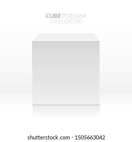 Cube podium. Realistic empty block, white box in front view. Advertising stand for product promo, exhibition pedestal 3d vector standing isolated square showing stage mockup