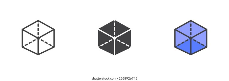 Cube with projection icon. Geometry line and glyph version, outline and filled vector sign. linear and full pictogram. Symbol, logo illustration. Different style icons set